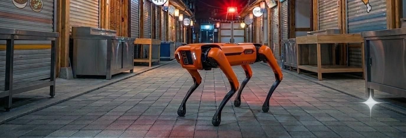 야간 전통시장을 순찰하는 주황색 4족보행 로봇의 적용 구상